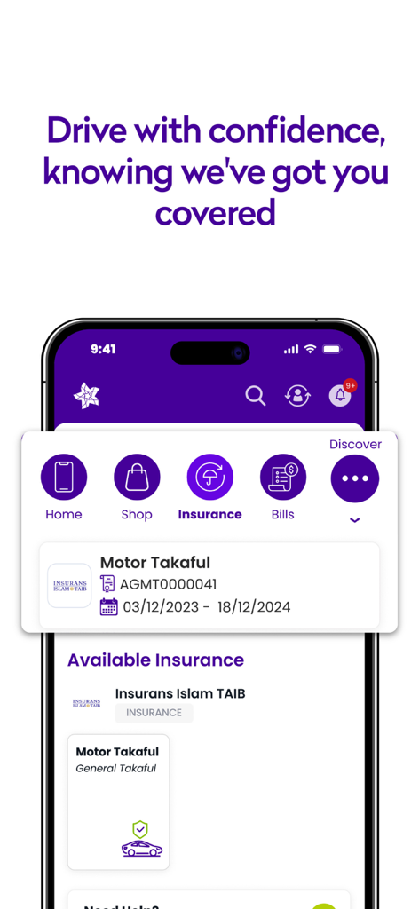 MyDST - MyDST app screenshot showing motor insurance and takaful policy management
