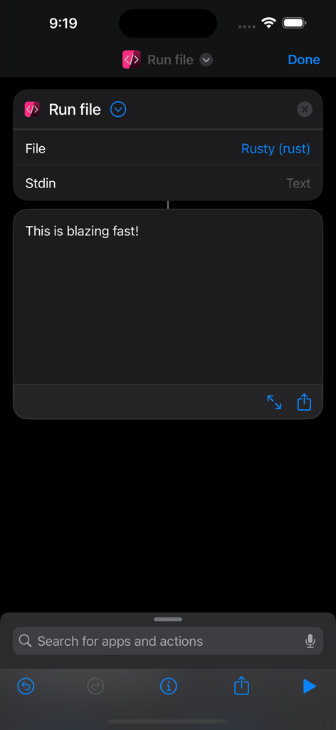 Code - Compile & Run Program - A screenshot of the Code app on iPhone showing a Rust file execution with the output message This is blazing fast