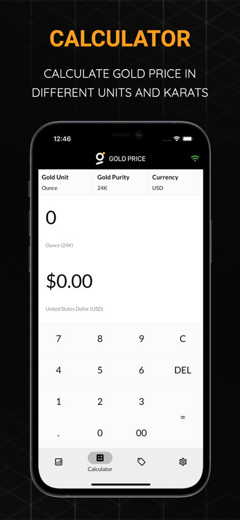 金単位、金純度、通貨選択のオプションを表示する金価格計算ツールを備えたモバイルアプリ画面