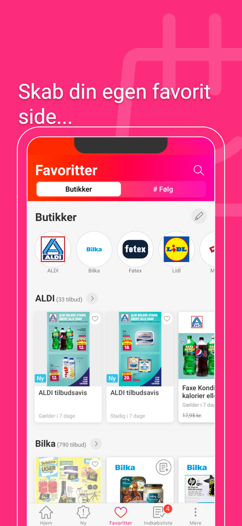 Mobile app interface showing a list of favorite Danish stores like ALDI and Lidl with their latest digital weekly circulars