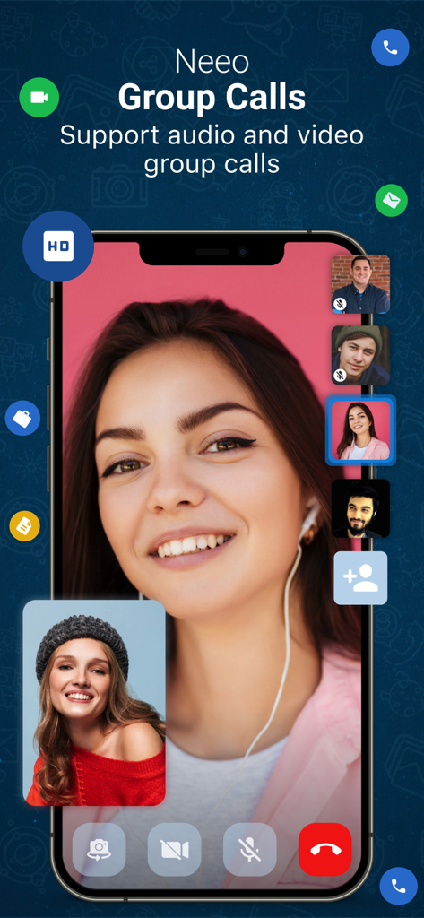 Neeo Messenger with Translator - Smartphone interface of Neeo Messenger showing a high definition group video call with multiple participants