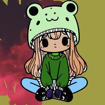 a girl wearing a frog hat and some frog socks
