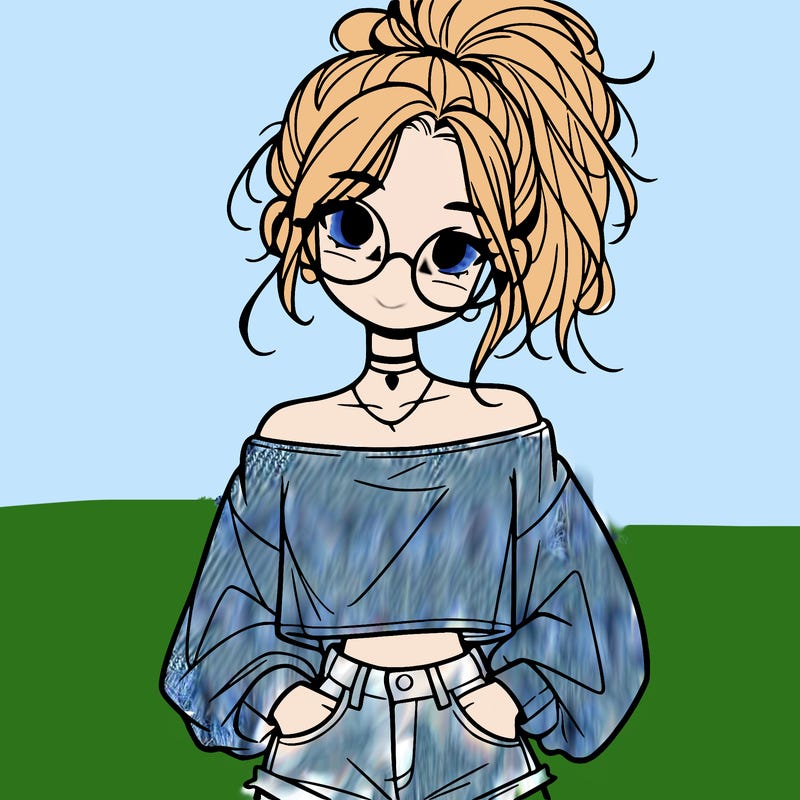 girl with a messy ponytail glasses a baggy crop top and jean shorts