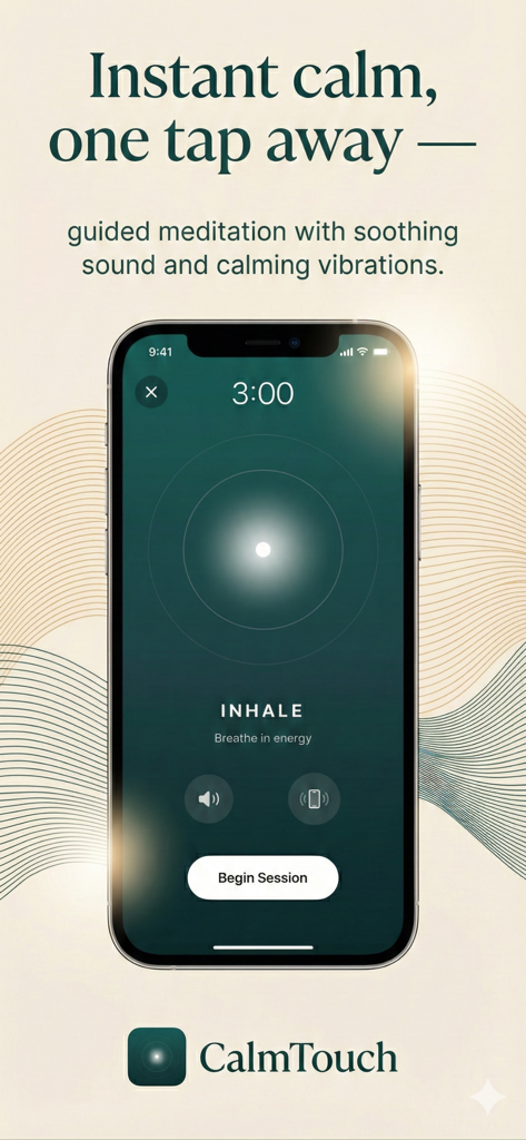Teléfono inteligente mostrando la interfaz de respiración guiada de la aplicación CalmTouch con un temporizador y una indicación de inhalación.