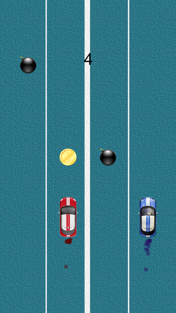 2-Cars - Top down view of the 2-Cars game showing red and blue cars avoiding bombs and collecting a gold coin