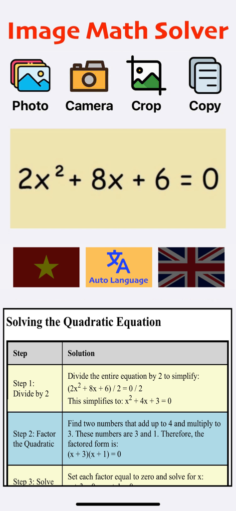 Math Solver With Solution - AI - AI math solver app showing a step by step solution for a quadratic equation