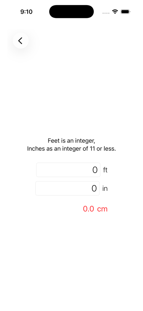 Una interfaz simple de aplicación móvil para convertir pies y pulgadas imperiales a centímetros.