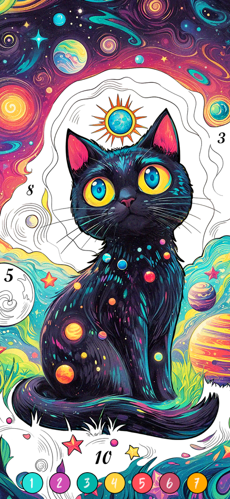 Mini World: Color by Number - Eine farbenfrohe digitale Malen-nach-Zahlen-Illustration einer schwarzen Katze, umgeben von Planeten und Sternen in einem Weltraum-Thema.