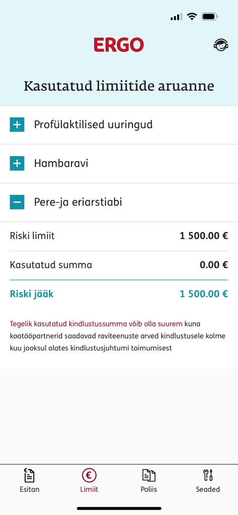 ERGO Estonia mobile app screenshot displaying health insurance limits and balances for medical services.