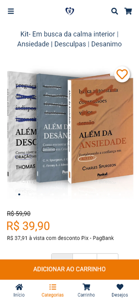 Aplicativo Livrarias Familia Crista exibindo um kit de livros cristãos sobre paz interior