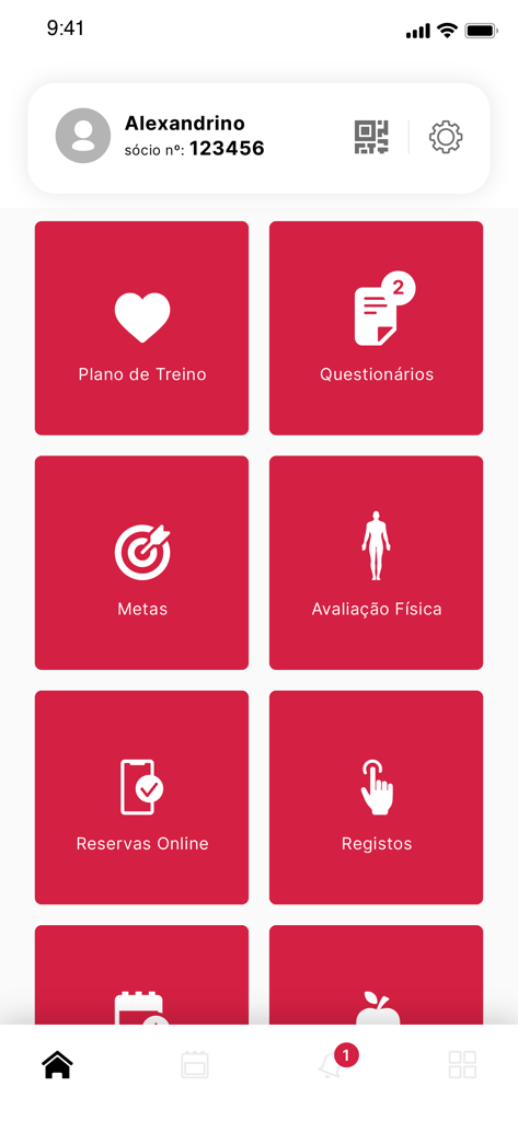 OnVirtualGym app main menu showing tiles for training plans goals and physical evaluation