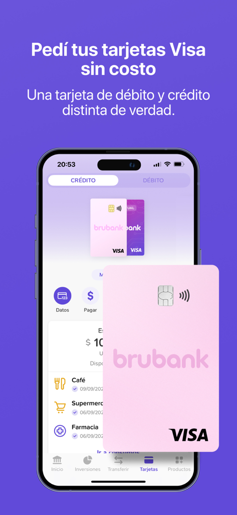 ピンク色のVisaカードと取引履歴を示すBrubankモバイルアプリの画面