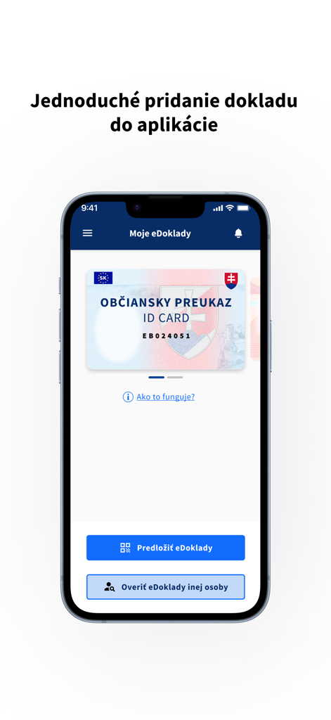 eDOKLADY - Slovak eDOKLADY app showing a digital identity card on an iPhone screen.