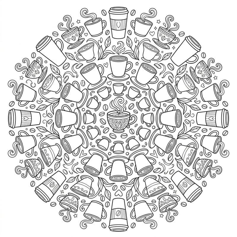 Discover tranquility with our exquisite Coffee Cups Mandala coloring page. This unique design beautifully combines your love for coffee with the meditative art of mandalas, perfect for a relaxing creative break.