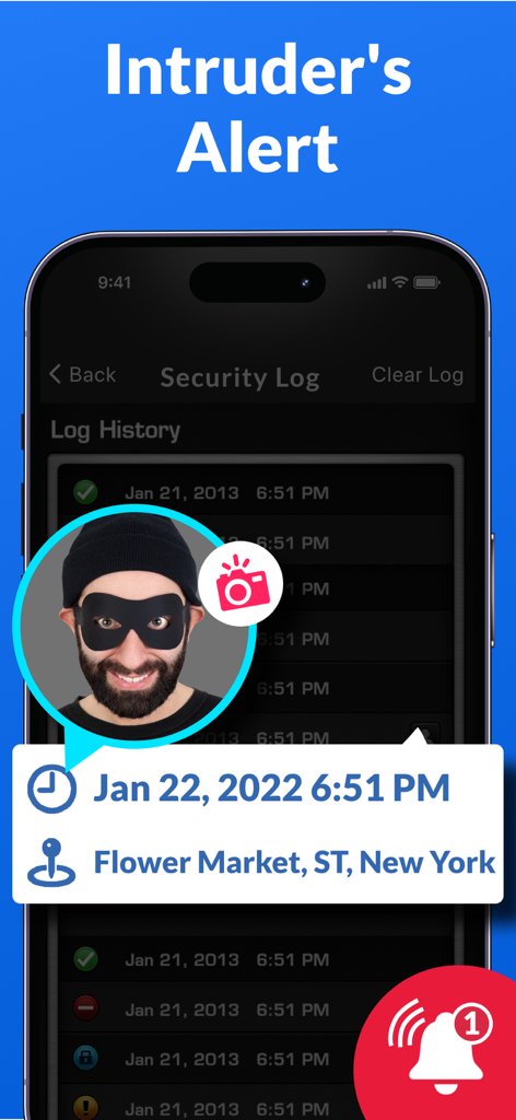 Intruder alert screen in Best Secret Folder app showing a captured photo and location log of a break-in attempt