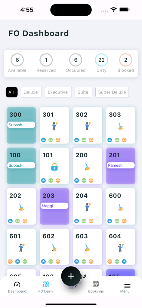 Cloud Hotel ERP Luxe - Front-Office-Dashboard einer Hotel-ERP-Mobil-App, das Raumstatus-Symbole und Belegungsstatistiken anzeigt
