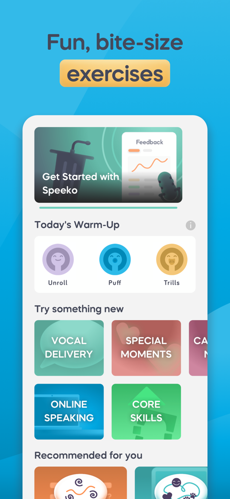 短時間のパブリックスピーキング練習と発声ウォーミングアップを備えたSpeekoアプリのインターフェース