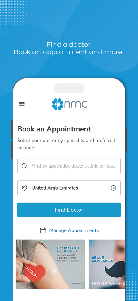 NMC - MyHealth - NMC MyHealth app screen for searching doctors and booking medical appointments