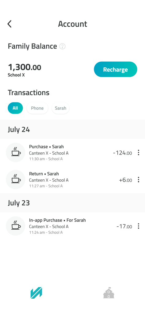 The Spare app account screen displaying a family balance and recent student transaction history at school.