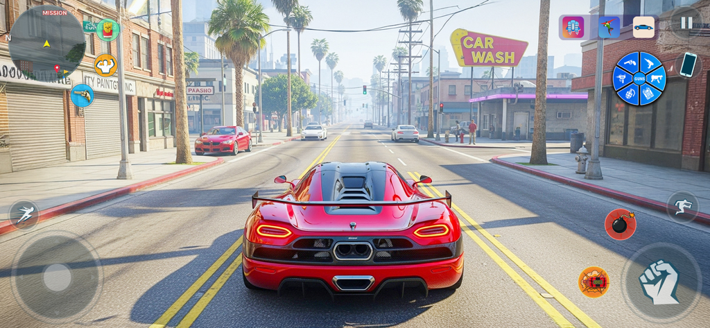 Grand Wars City: Gang Hero 3D - Vista en tercera persona de un coche deportivo rojo conduciendo por una calle de ciudad de mundo abierto en Grand Wars City Gang Hero 3D