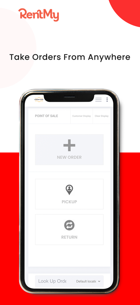 RentMy Rental Software - RentMy App mobile Point-of-Sale-Bildschirm mit Optionen für neue Bestellungen, Abholung und Rückgabe