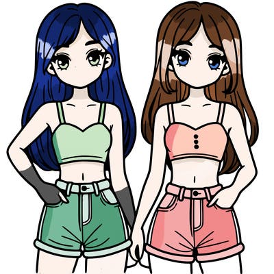 two sisters with crop tops and jean shorts and straight hair
