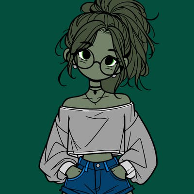 girl with a messy ponytail glasses a baggy crop top and jean shorts