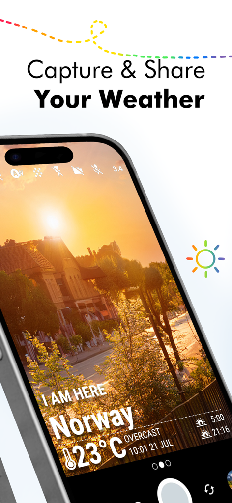 Weathershot - Instaweather - Smartphone displaying a sunset photo with a professional weather overlay in the Weathershot app