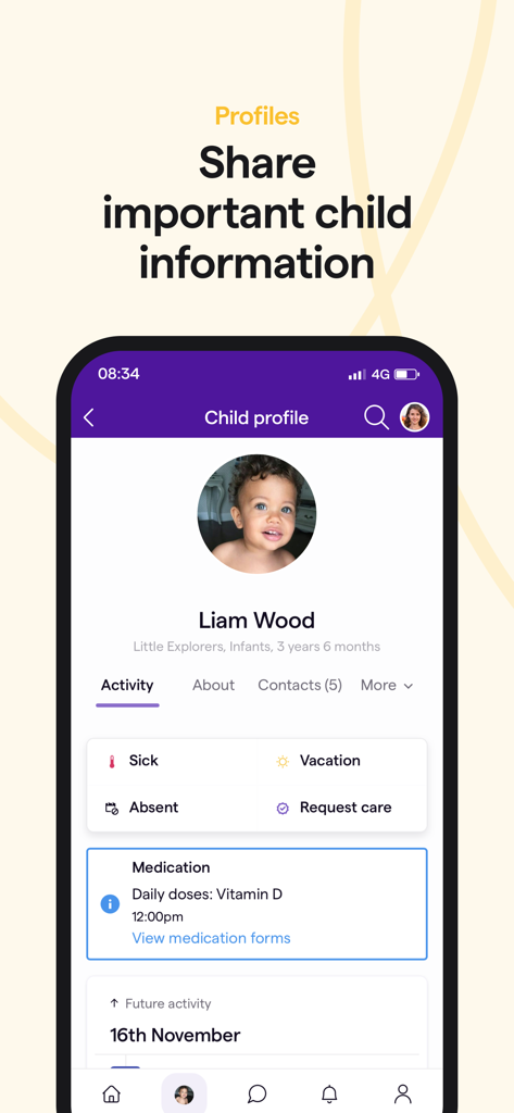 Child profile screen in the Famly App displaying activity logs and medication details