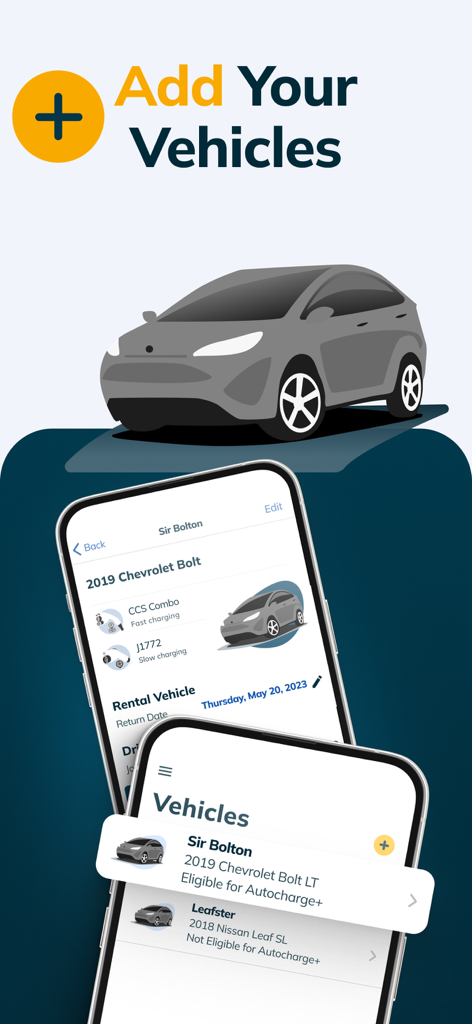 EVgo - Find a Fast EV Charger - Interface of the EVgo app showing a list of registered electric vehicles including a Chevrolet Bolt and Nissan Leaf with details on Autocharge plus eligibility