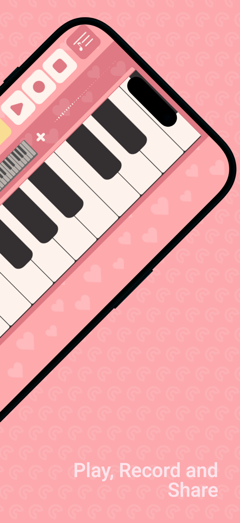 Interface of the Pink Piano app featuring a pink keyboard and recording buttons