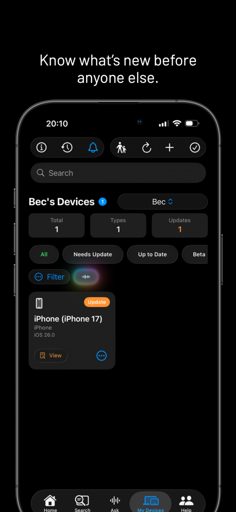 Mevolit - Device Updates - Mevolit app dashboard showing an iPhone 17 with a pending iOS update in a dark glass style interface