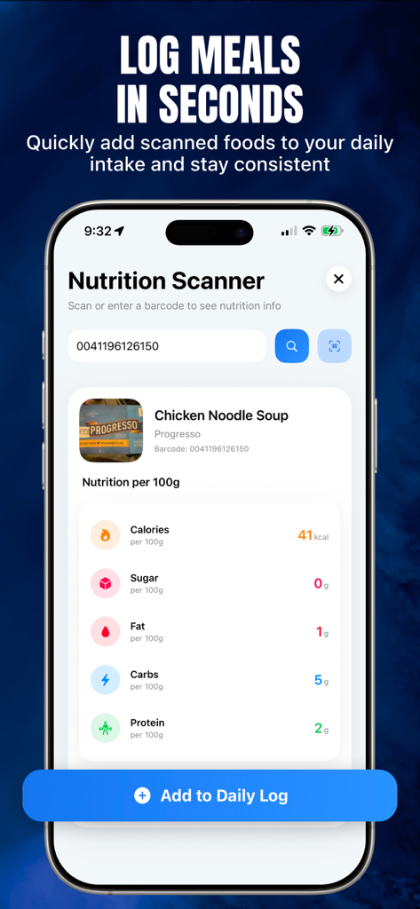 Calorie Deficit Tracker+ - Calorie Deficit Tracker app nutrition scanner interface displaying calories and macros for a scanned food item