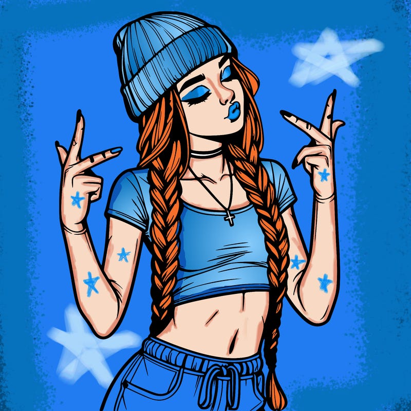realistic teenage girl with braids and a beanie and crop top doing 🫶🏼
