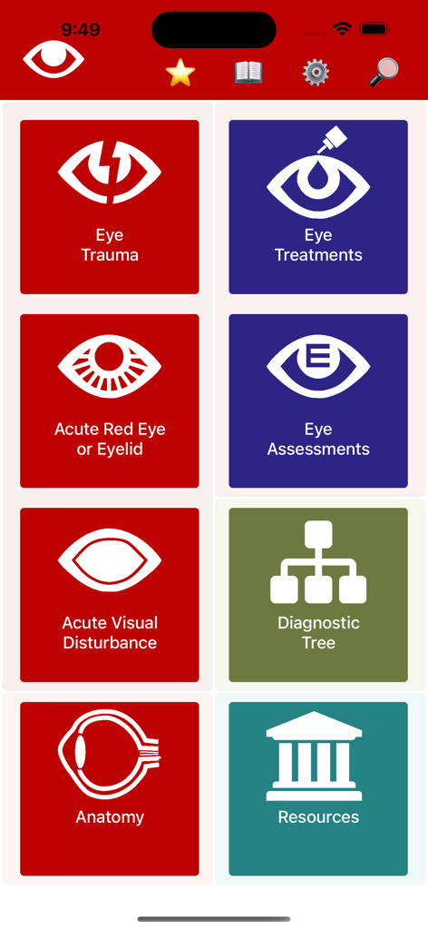 Eye Emergency Manual - Main menu of the Eye Emergency Manual app displaying navigation tiles for Eye Trauma Eye Treatments and Eye Assessments