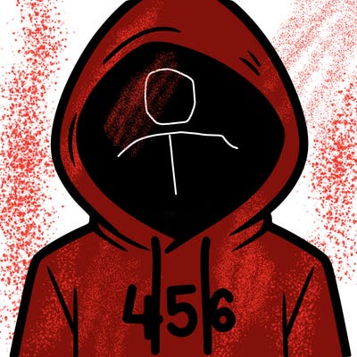 a person with non face waering a hoodie with a 456 symbol