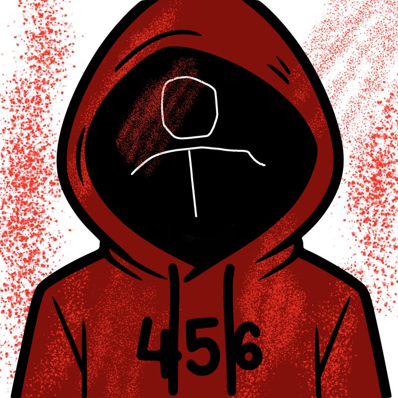 a person with non face waering a hoodie with a 456 symbol