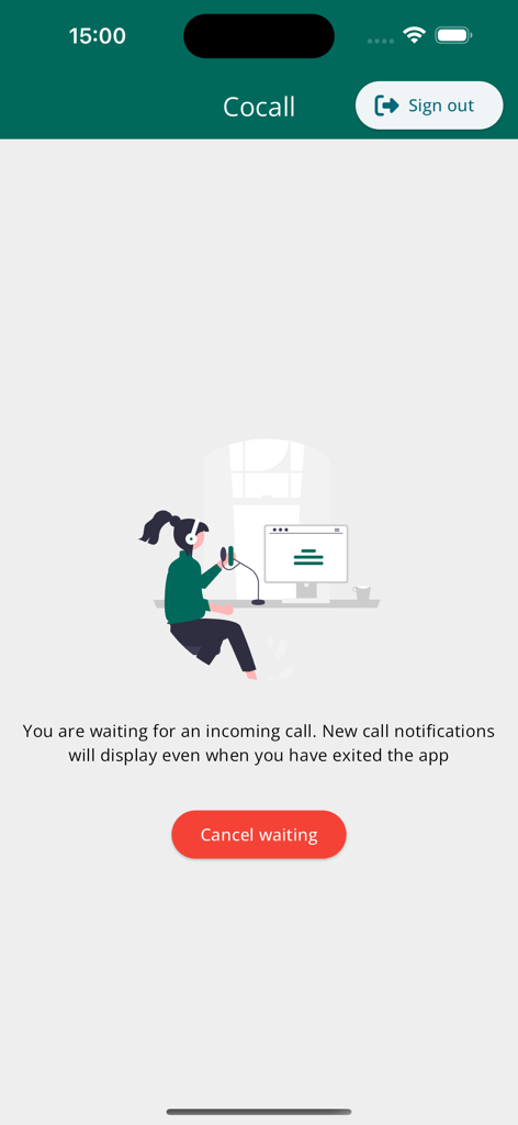 Cocall - Pantalla de la aplicación móvil que muestra un estado de espera de llamadas entrantes de servicio al cliente con una ilustración de un agente de soporte