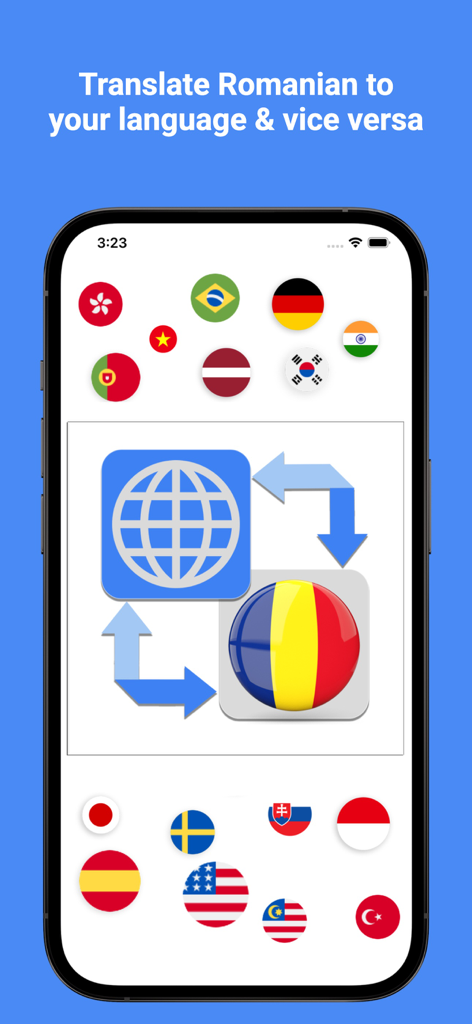 Romanian Translator Pro + - Capture d'écran de l'application Romanian Translator Pro montrant une traduction bidirectionnelle entre le roumain et de nombreuses langues internationales représentées par des icônes de drapeaux