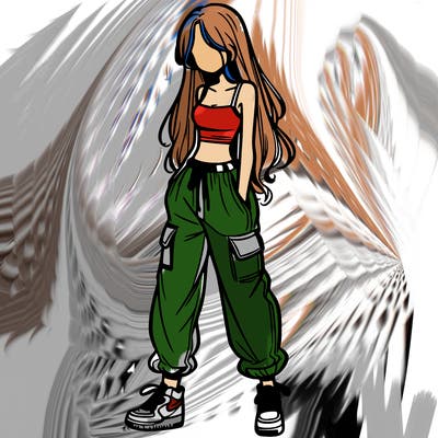 girl in baggy pants crop top and long hair