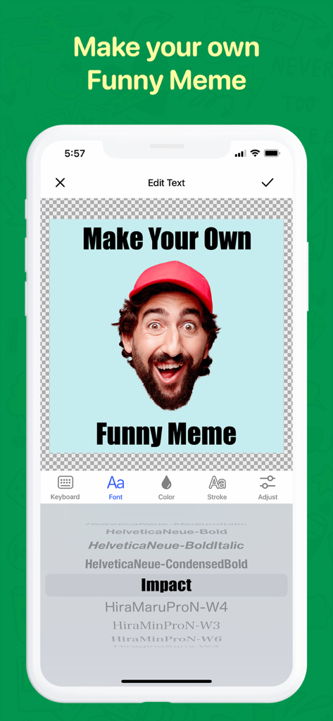 Interface of the WaSticker app showing how to create a custom meme with text editing and font selection tools.