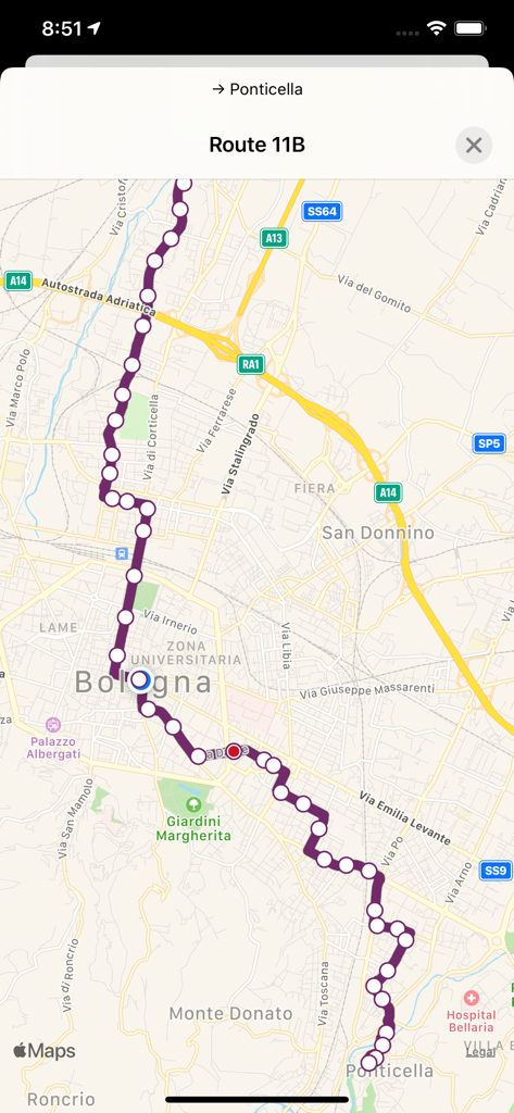 ボローニャのPonticellaに向かうバス路線11Bの経路と停留所を表示するWeBusアプリのマップインターフェース
