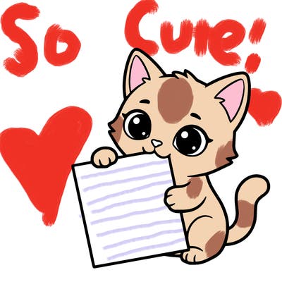 a small cat with a blank sheet of paper in its hand. the cat is sooooooo cute!