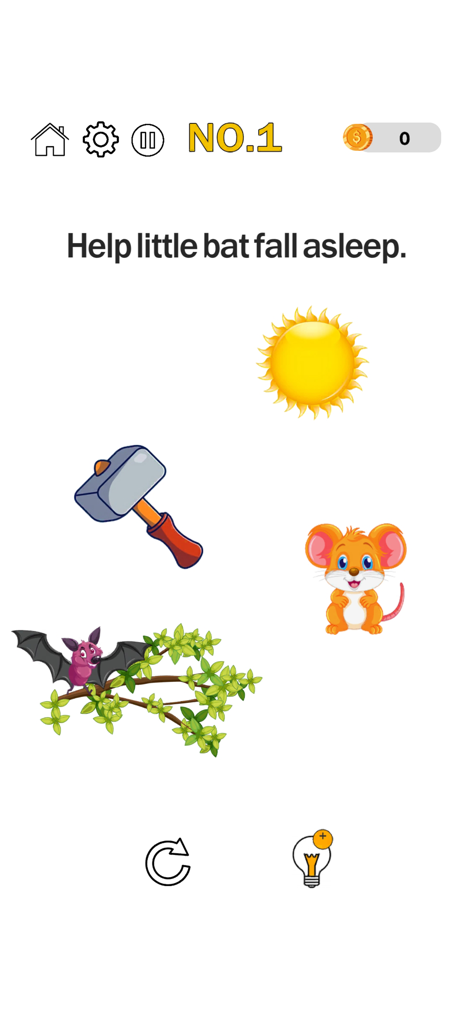 A brain test level screen showing a purple bat on a branch with a sun hammer and mouse icon asking to help the bat fall asleep