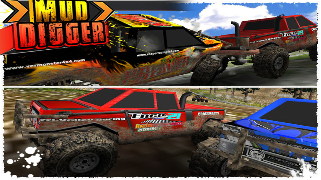 Custom monster trucks racing on a muddy track in Mud Digger Simulator Racing
