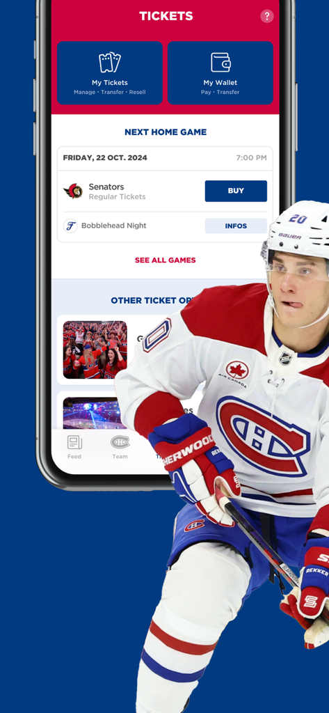 Montréal Canadiens - Pantalla de entradas y billetera de la aplicación móvil de los Canadiens de Montreal con Juraj Slafkovsky