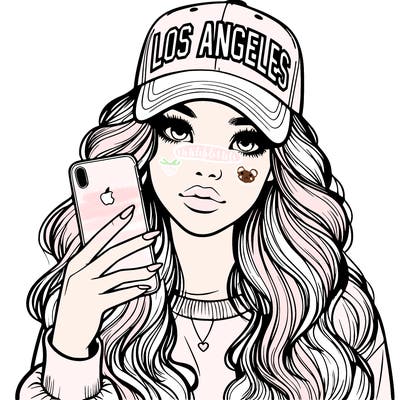 realistic beautiful girl wearing los ángeles cap holding an iphone