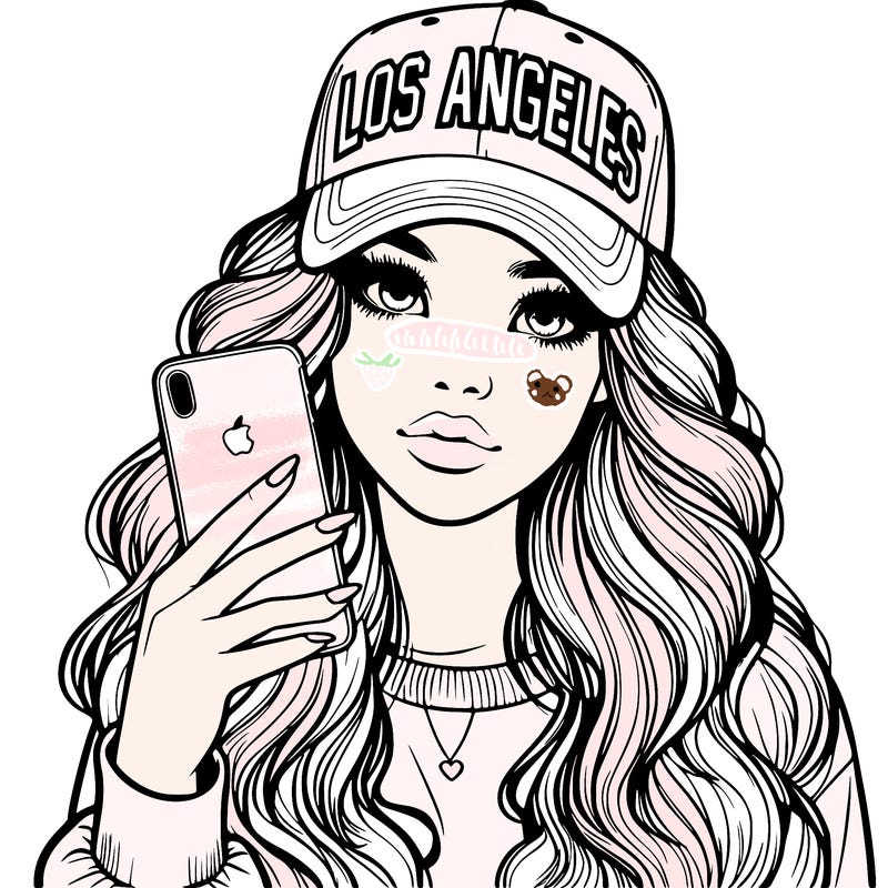 realistic beautiful girl wearing los ángeles cap holding an iphone
