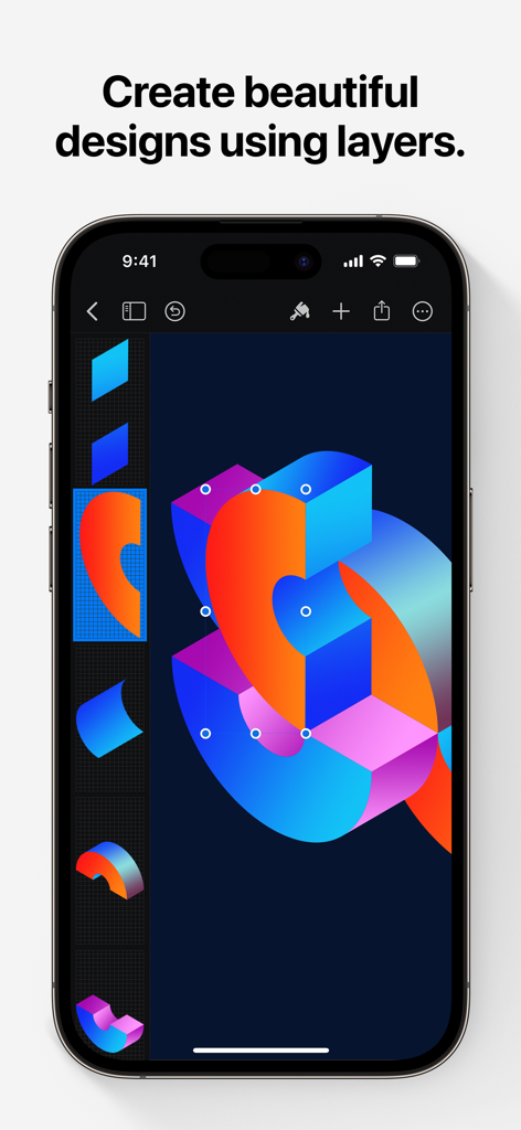 Pixelmator 인터페이스가 iPhone에서 여러 레이어가 있는 생생한 그래픽 디자인을 보여줍니다.