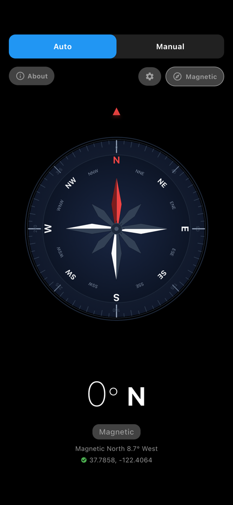 Geom Compass digital interface showing magnetic north and GPS coordinates